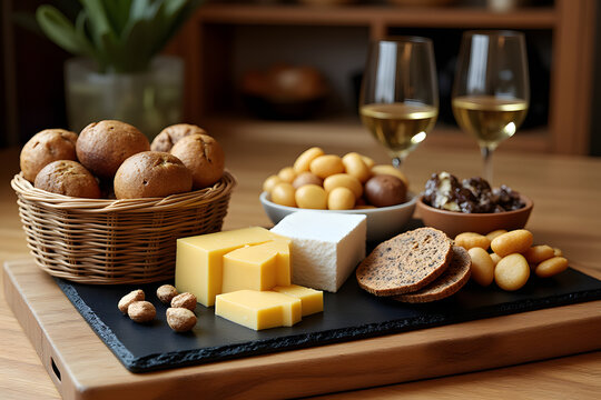 Cheese platter with baked goods, nuts, and glasses of wine on a wooden table