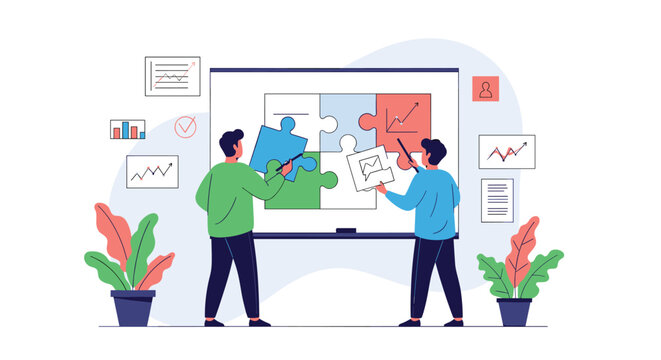 Professional colleagues working together to solve a complex business puzzle on a digital interactive whiteboard screen.
