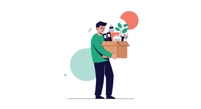 Sad office worker carrying a cardboard box filled with personal belongings after being fired or leaving his job.