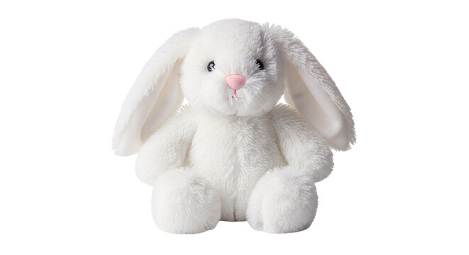 A cute white plush bunny with floppy ears sitting on a black background on transparent background