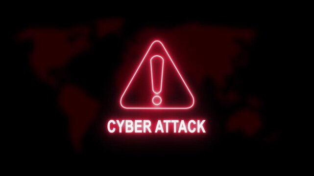 Dynamic cyber attack warning sign with glowing red neon exclamation triangle over a dark global map background, representing digital security threats, data breach risks, and online hacking alerts