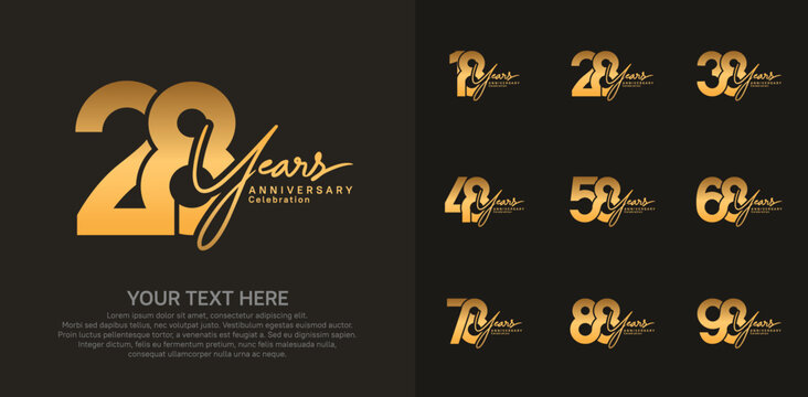 Anniversary logo set vector design, gold color for celebration event