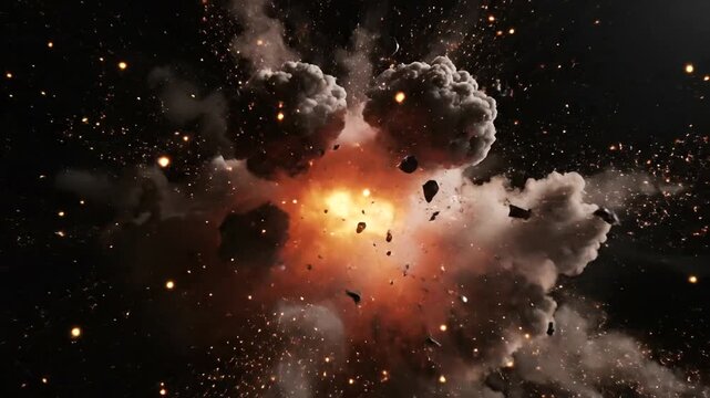 Violent explosive fireball blast with flying debris and smoke in deep space.