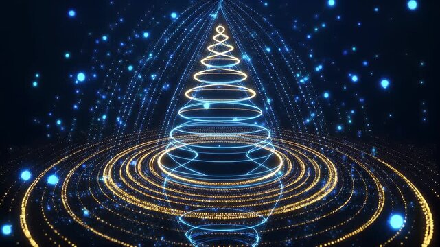 Elegant orange spiral Christmas tree with radiant light streaks on deep blue starry base, creating magical holiday aura. Abstract glowing design for seasonal tech themes. No people