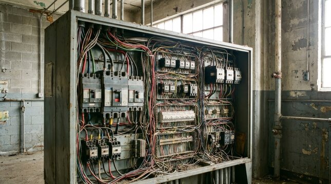 Abandoned Industrial Electrical Panel with Tangled Wires and Obsolete Circuit Breakers