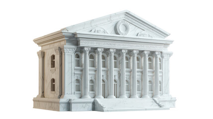 Fototapeta premium Marble bank building model with columns and triangular pediment on white background 3d rendered