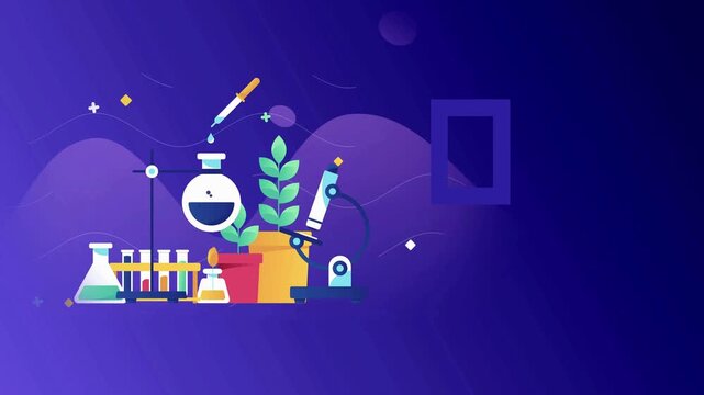 Science research and laboratory tools animation features a microscope with test tubes and plants.