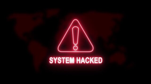 System hacked alert warning sign with glowing red neon text and map background, for cybersecurity breach, data theft, digital, crime, network security, failure, and online, privacy protection concepts