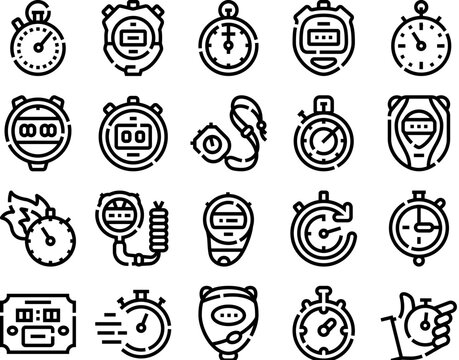 Collection of line art stopwatch timer devices and clocks for measuring speed, deadlines, and countdowns, representing precision timekeeping and tracking
