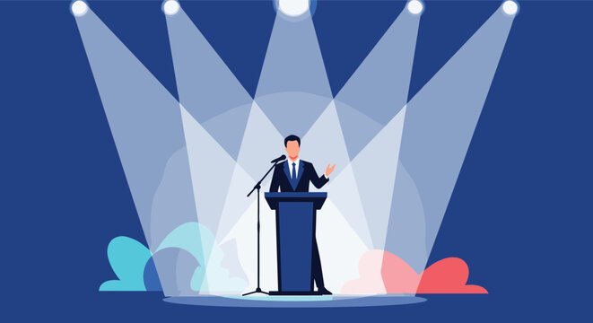 Confident public speaker standing at a podium and delivering a speech under bright spotlights in a dark auditorium setting.