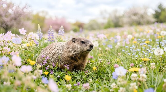 A wild woodchuck foraging in a colorful spring meadow with blooming wildflowers and soft sunlight