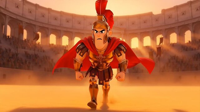 Cartoon roman gladiator runs towards camera in ancient colosseum arena