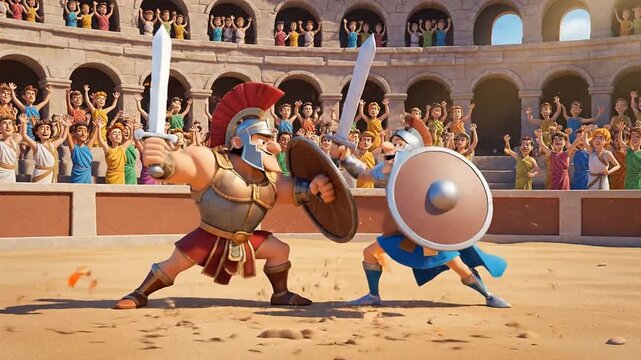 Cartoon gladiator fights roman warrior in crowded arena scene