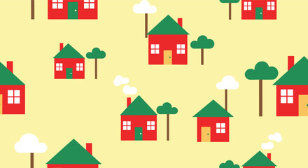 Fototapeta premium Seamless vector pattern featuring small red houses with green roofs, trees, and white clouds on a light yellow background.