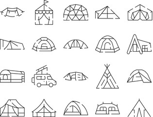 Collection of diverse line icons illustrating different types of outdoor shelters, including camping tents, expedition domes, tipis, and caravan vehicles, representing travel and adventure © vectorwin