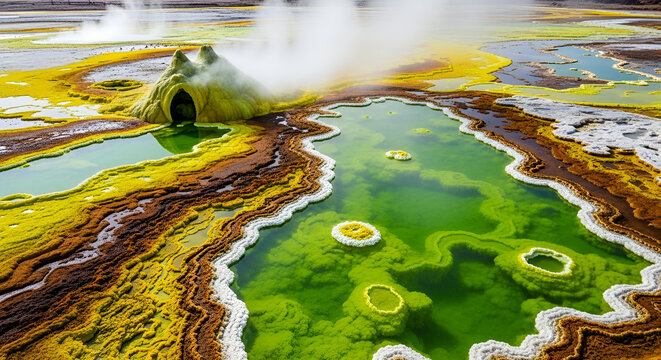 Vibrant and otherworldly geothermal landscape showcasing vivid mineral deposits, steaming vents, and colorful acidic pools in a unique natural formation