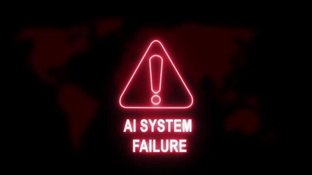 Glowing red neon ai system failure warning sign flashing over a dark digital map background, representing critical cyber, security breach, artificial, intelligence error, and, global network outage