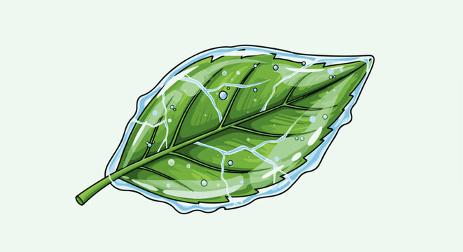 A vibrant green leaf is encased in a clear, icy shell with small air bubbles and water droplets