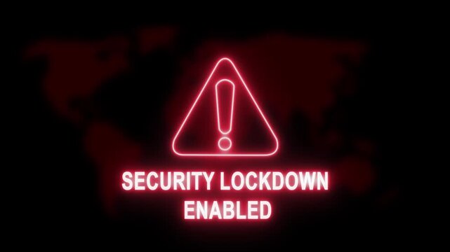Digital security lockdown enabled warning sign with glowing red neon map background, for cybersecurity breach, alert, global network, protection, data privacy, crisis, and cyber