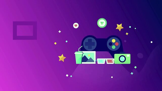Multimedia entertainment concepts features a game controller with movie glasses and camera icons.