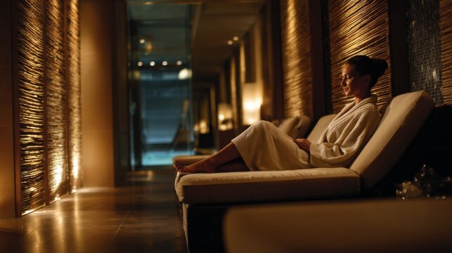 Serene Woman in Spa Relaxing on Lounger Surrounded by Modern Decor and Soft Lighting in Luxurious Wellness Retreat Setup