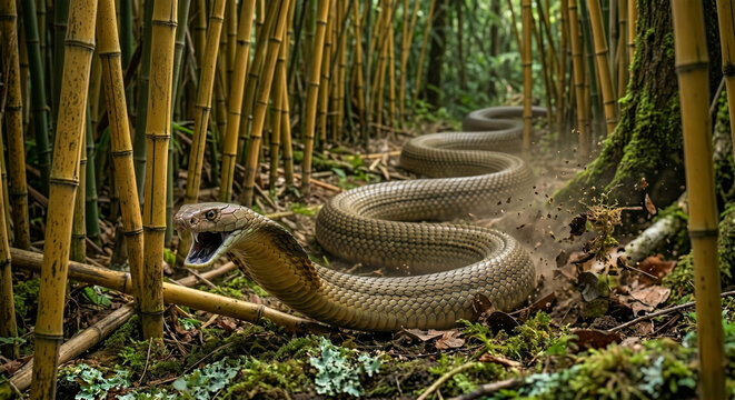 A cinematic environmental shot of a 15-foot King Cobra winding its way through a dense thicket of yellow bamboo. 