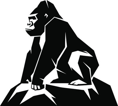 Geometric illustration of a gorilla sitting on a rock outdoors
