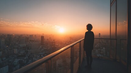 Fototapeta premium Person gazing at breathtaking sunset view over a vibrant city skyline from a high balcony, capturing serene moment of reflection and tranquility