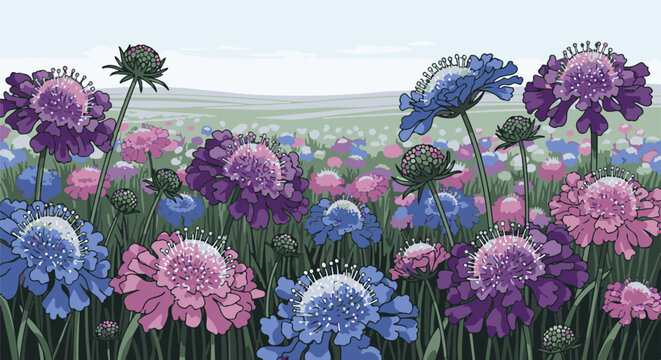 A vibrant pixel art meadow bursting with purple, pink, and blue pincushion flowers