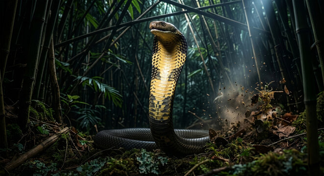 A low-angle shot from the ground looking up at a King Cobra as it raises its body three feet off the forest floor. 