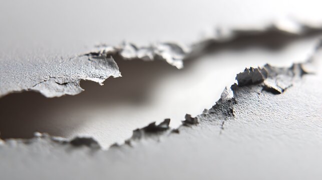 Macro view of a deep jagged crack on a metallic surface.