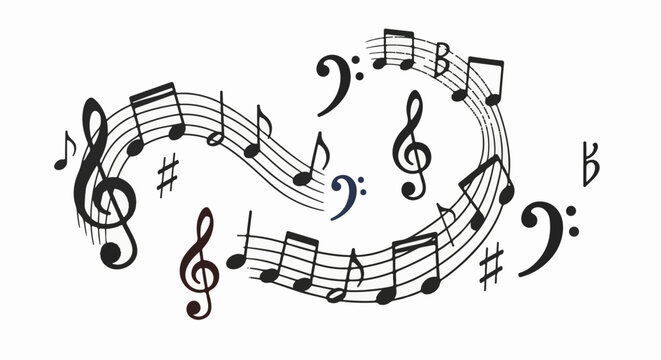 Abstract musical notes and symbols swirl across white space, forming dynamic curves