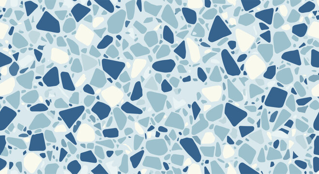 Elegant seamless terrazzo pattern featuring blue and light grey stone fragments on a clean white background.