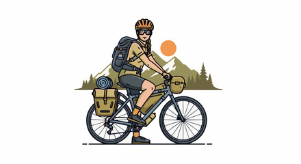 Fototapeta premium Adventurous woman cycles through mountains with backpack and gear, sun setting