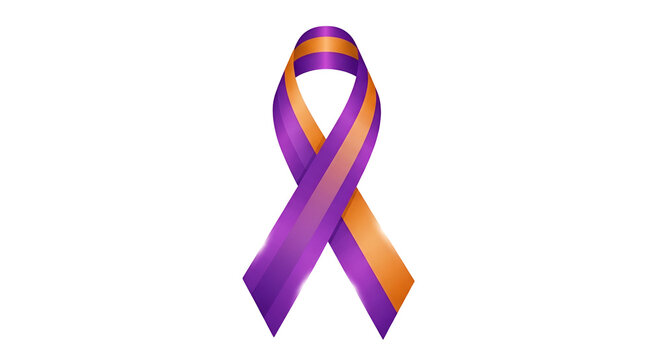Purple and orange awareness ribbon on black background symbolizing support for leukemia and lymphoma survivors in a modern graphic design style