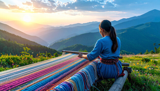 Woman Weaving Giant Traditional Carpet on Mountain Landscape Background