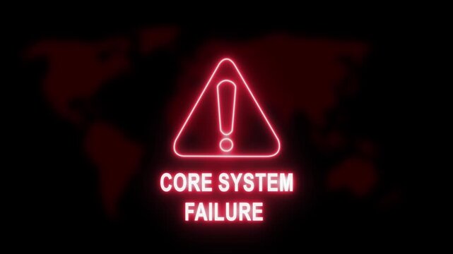 Digital core system failure warning alert with pulsing red neon hazard and global map background, for cybersecurity breach, network infrastructure collapse, data center emergency, and tech crisis