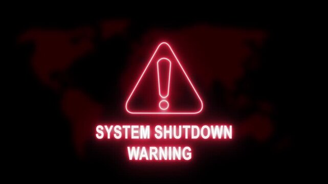 Urgent system shutdown warning alert with pulsing red neon hazard triangle and global map background, for cybersecurity breach, critical server failure, data protection, and, digital emergency