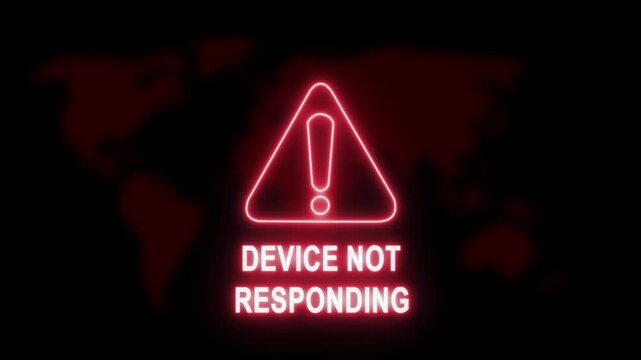 Digital warning sign featuring a glowing red neon triangle hazard and device not responding text overlay against a dark abstract map background, for cybersecurity and, technical error concepts