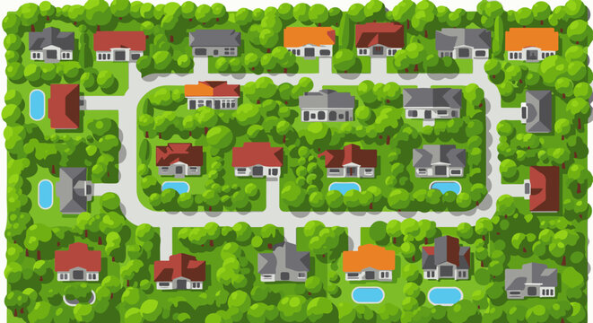 Aerial view of a suburban neighborhood with houses, pools, and trees