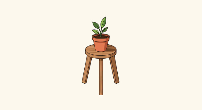 A small potted green plant sits atop a wooden stool with three legs against a neutral background in a minimalist and clean graphic illustration style.