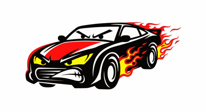Aggressive black car with red accents and fiery flames coming off the wheels