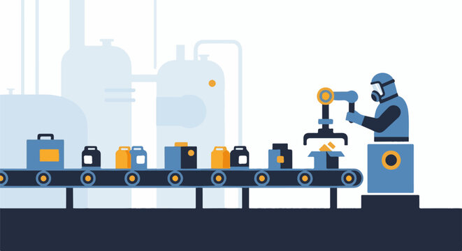 Automated factory line packaging products with a robotic arm and hazmat suited worker