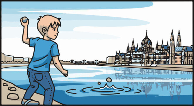 Boy skips stone across water with impressive building reflections in background