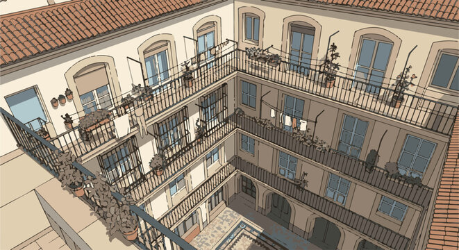 An aerial view of a European-style courtyard building with multiple balconies adorned with potted plants