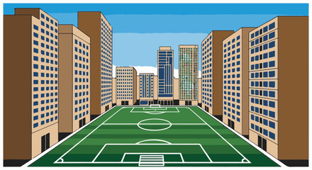 Buildings flank a vibrant green soccer field under a clear blue sky, a cityscape contrast © Ali