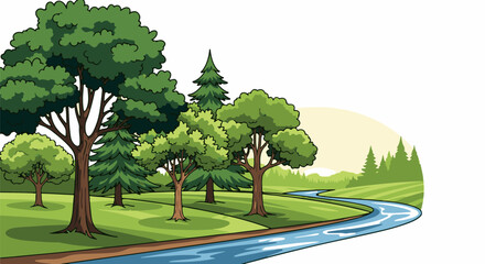 Obraz premium A winding river flows through a lush green landscape with various trees under a pale sky