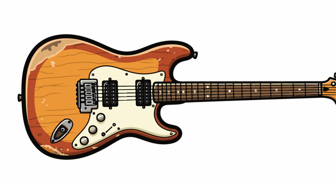 An electric guitar with a distressed orange finish and a white pickguard, detailed with strings and frets