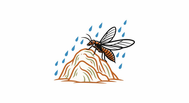 A winged insect rests on a stylized mound under a shower of blue raindrops