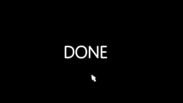Glowing done button animation with cursor click effect on black background.